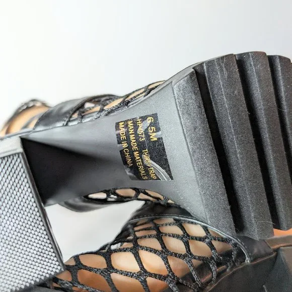 Cape Robbin Black Netted Strappy Chunky High Heels - Picture 12 of 13